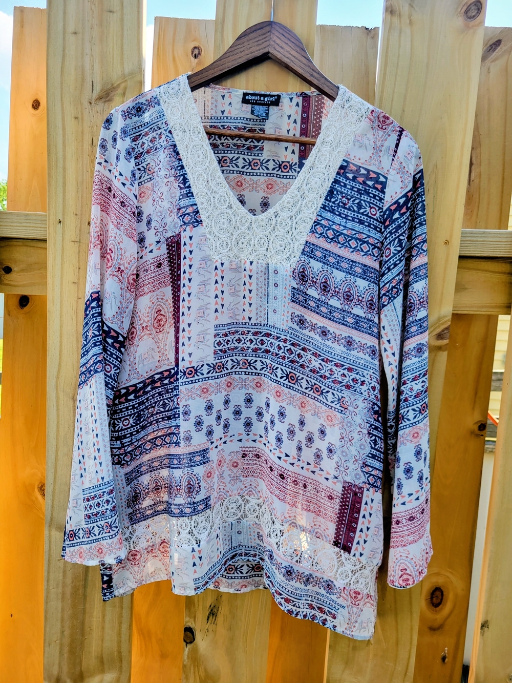 About A Girl Cream Boho Lace-Trim Patchwork Tunic with Blue and Rust Accents